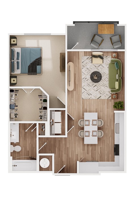 Floor plan for 1 bed, 1 bath, 784 sqft