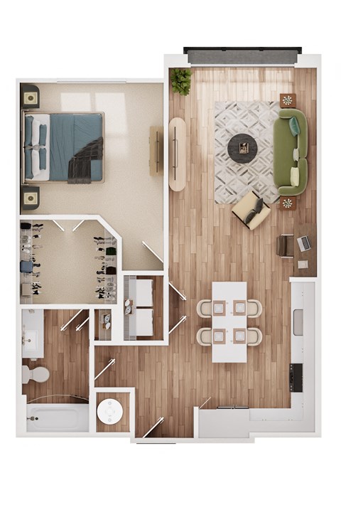 Floor plan for 1 bed, 1 bath, 845 sqft