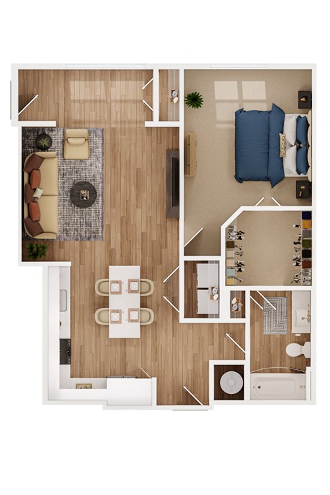 Floor plan for 1 bed, 1 bath, 930 sqft