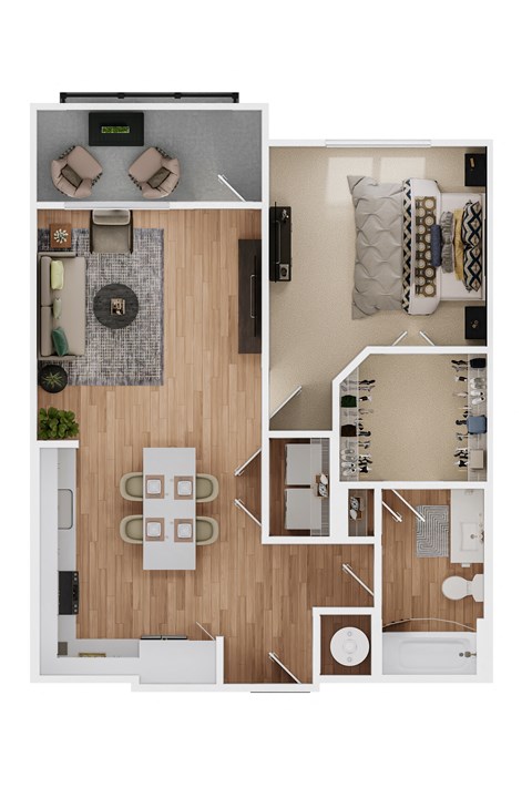Floor plan for 1 bed, 1 bath, 769 sqft