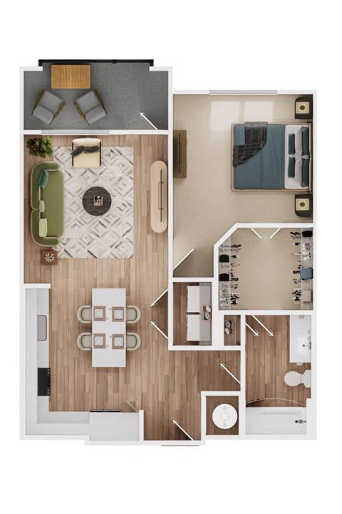 Floor plan for 1 bed, 1 bath, 770 sqft