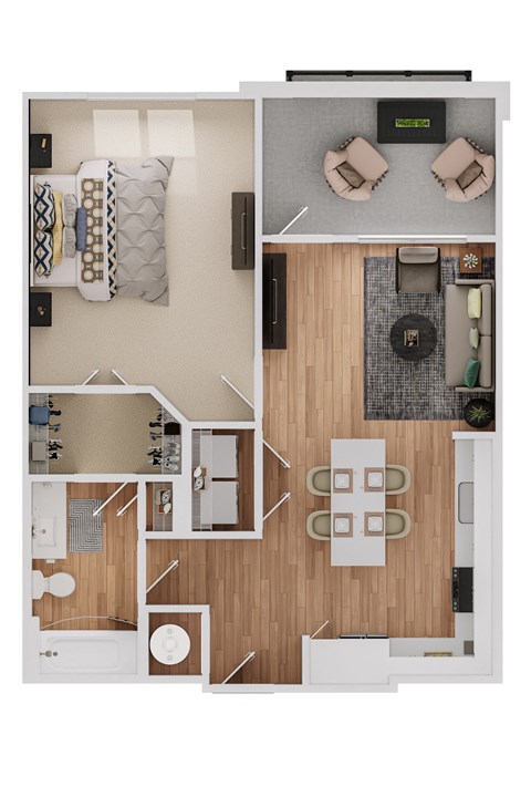 Floor plan for 1 bed, 1 bath, 860 sqft