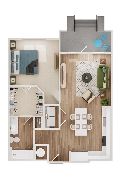 Floor plan for 1 bed, 1 bath, 784 sqft