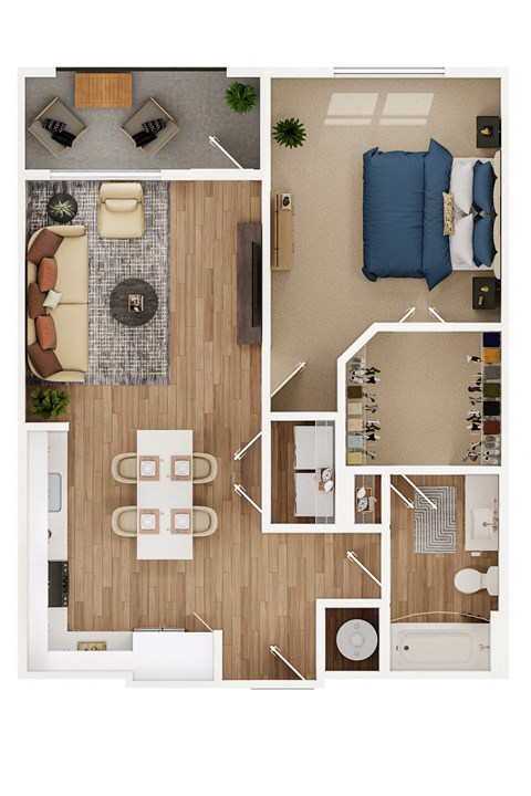 Floor plan for 1 bed, 1 bath, 845 sqft