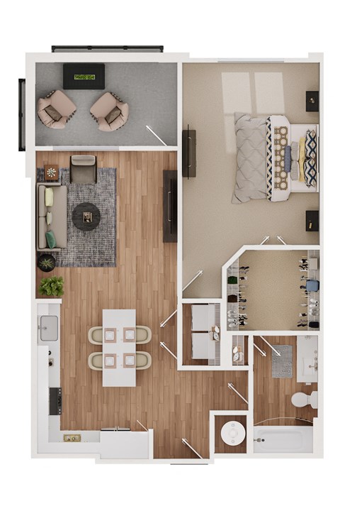 Floor plan for 1 bed, 1 bath, 860 sqft