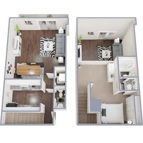 Floor plan for 1 bed, 1.5 baths, 940 sqft