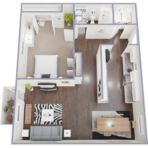 Floor plan for 1 bed, 1 bath, 864 sqft