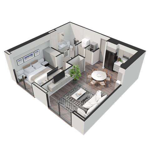 Floor plan for 1 bed, 1 bath, 653 sqft