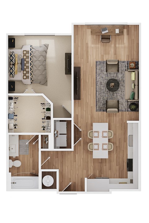 Floor plan for 1 bed, 1 bath, 845 sqft