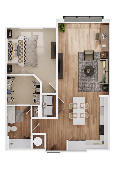 Floor plan for 1 bed, 1 bath, 837 sqft
