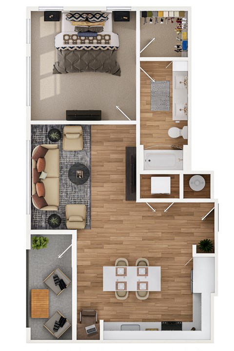 Floor plan for 1 bed, 1 bath, 807 sqft