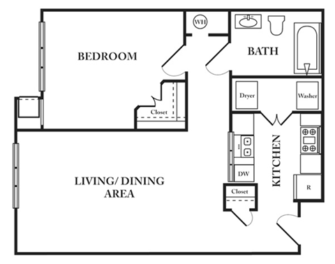 Floor plan for 1 bed, 1 bath, 650 sqft