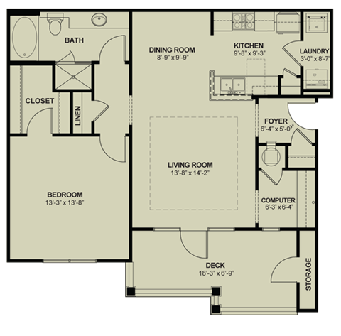 Floor plan for 1 bed, 1 bath, 906 sqft