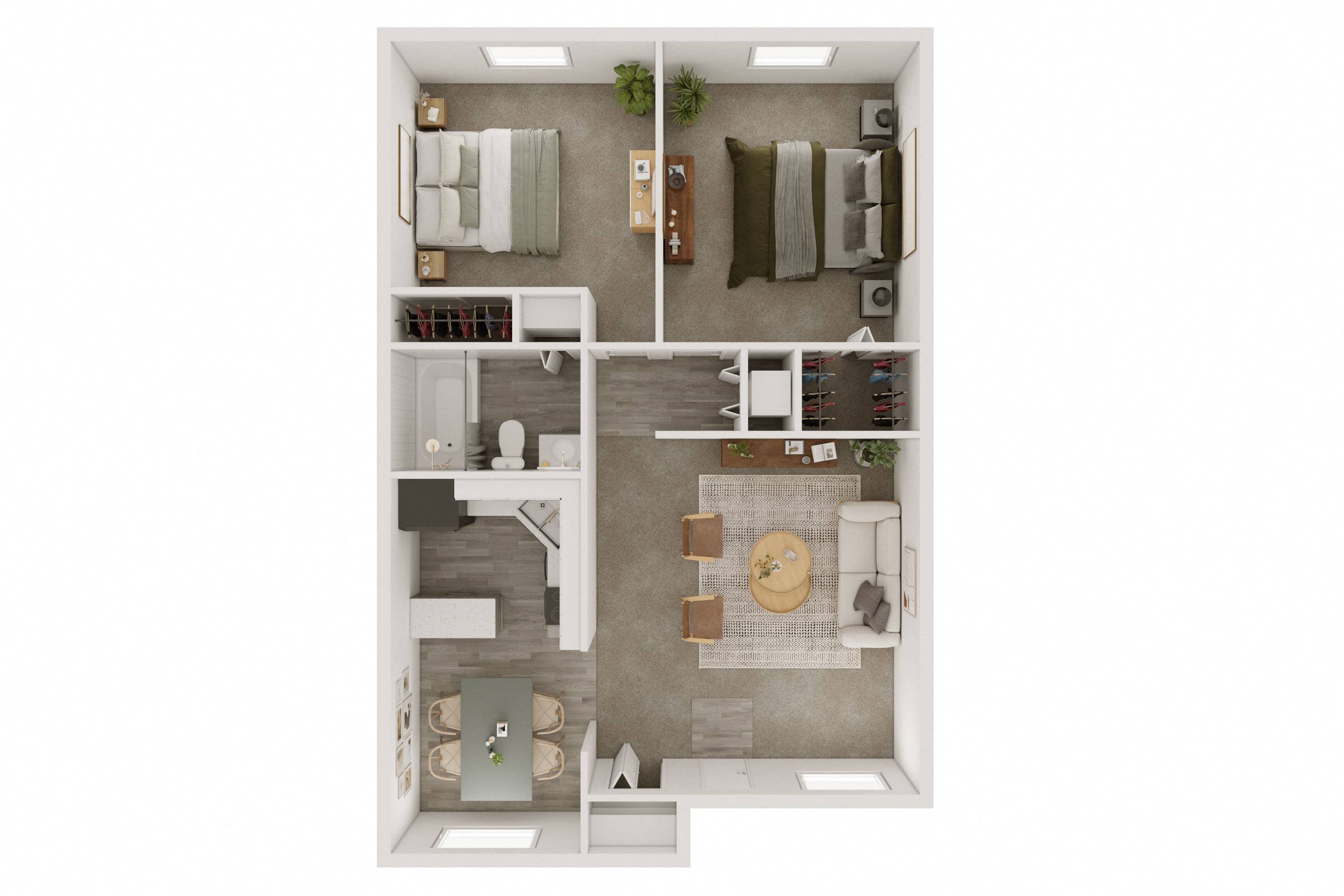 Floor plan for 2 beds, 1 bath, 928 sqft