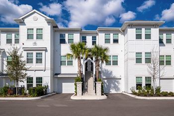 A white building with a palm tree in front.