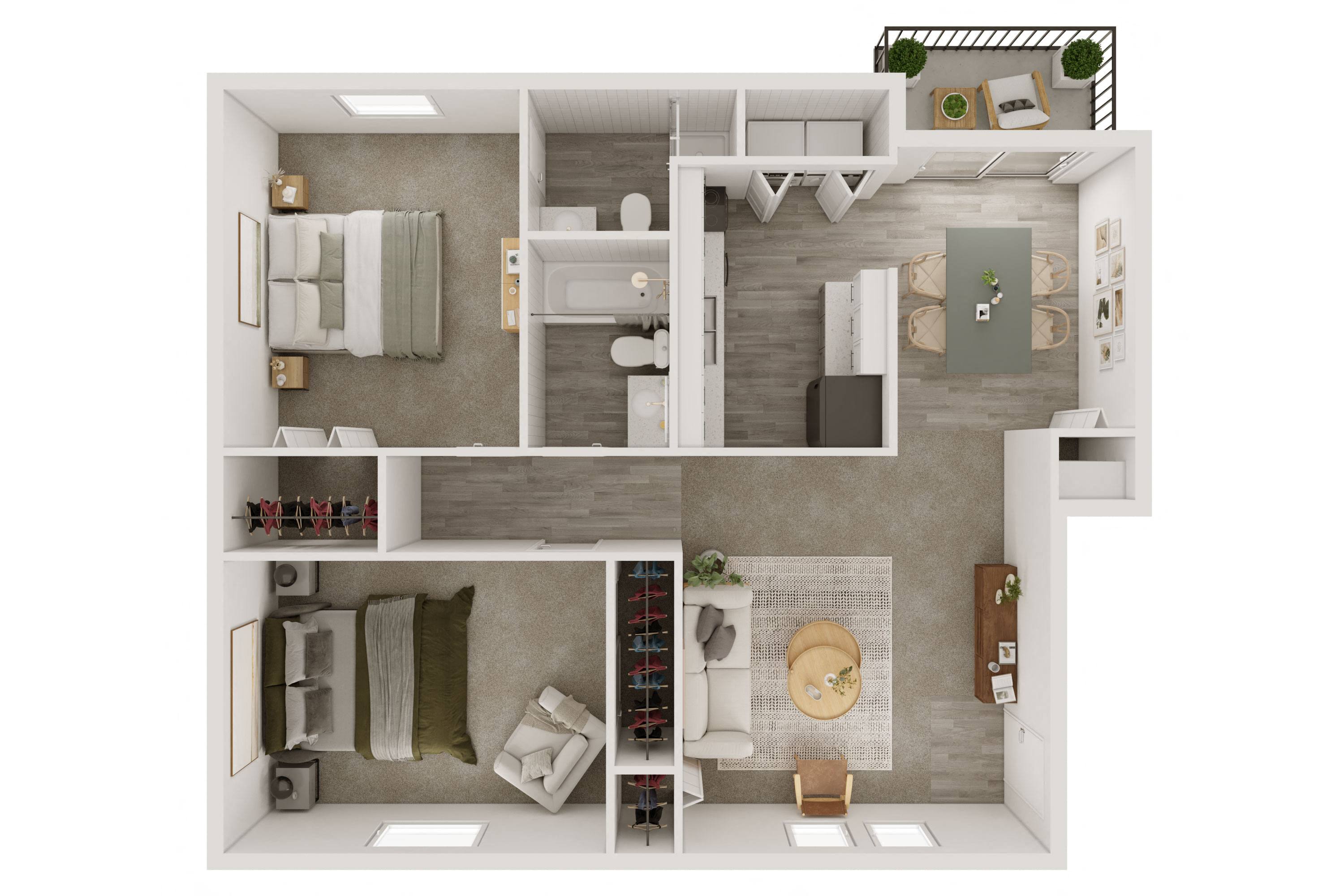Floor plan for 2 beds, 2 baths, 1023 sqft