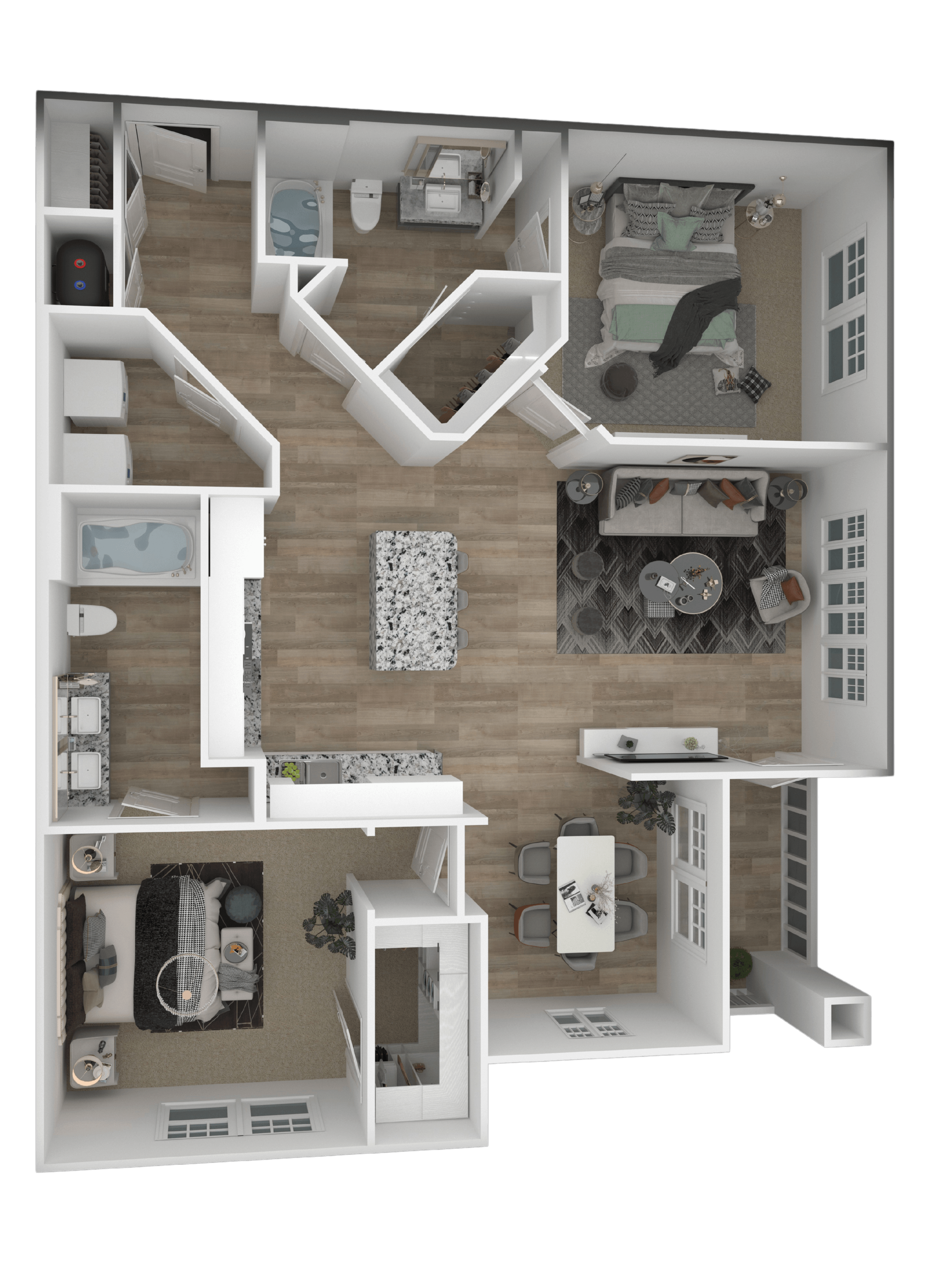 Floor plan for 2 beds, 2 baths, 1290 sqft
