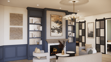 Huntersville apartment for rent - A living room with a fireplace and a chandelier.
