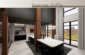 Atlanta apartment for rent - A modern bedroom with a large bed and a view of the city.