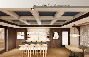 Atlanta apartment for rent - A modern dining room with a wooden table and chairs.