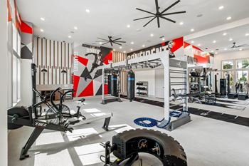 A gym with a variety of equipment including a treadmill, weights, and a bicycle.