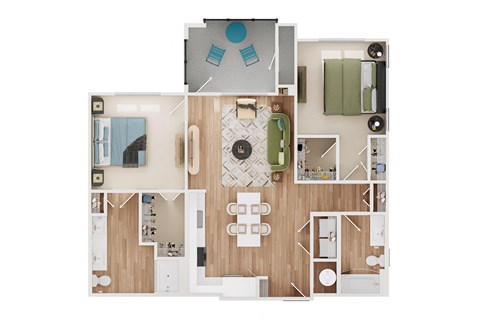 Floor plan for 2 beds, 2 baths, 1121 sqft