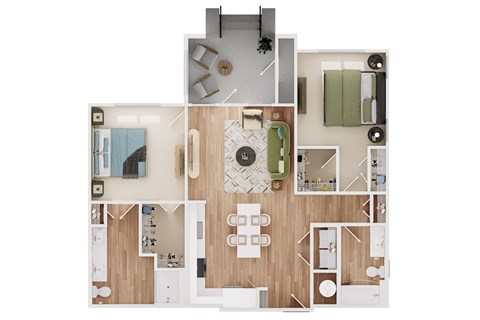 Floor plan for 2 beds, 2 baths, 1121 sqft