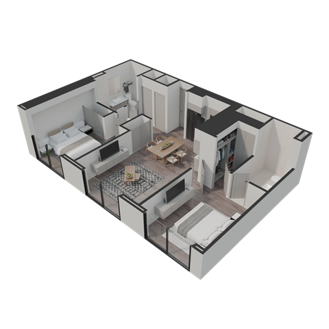 Floor plan for 2 beds, 2 baths, 923 sqft