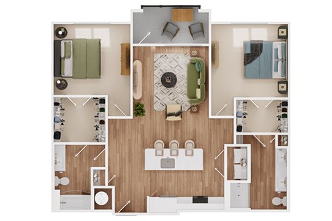 Floor plan for 2 beds, 2 baths, 1172 sqft