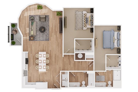 Floor plan for 2 beds, 2 baths, 1348 sqft