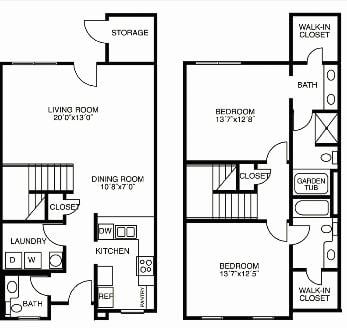 Floor plan for 2 beds, 2.5 baths, 1553 sqft
