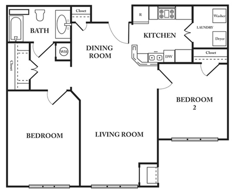 Floor plan for 2 beds, 1 bath, 767 sqft