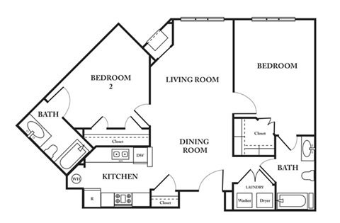 Floor plan for 2 beds, 2 baths, 904 sqft