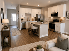 Mauldin townhouse for rent - A modern kitchen with white cabinets and stainless steel appliances.