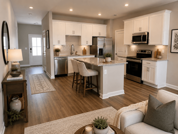 Mauldin townhouse for rent - A modern kitchen with white cabinets and stainless steel appliances.