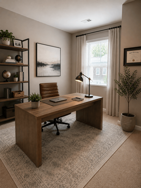 Mauldin townhouse for rent - A wooden desk with a laptop, phone, and plant on it in a room with a window.
