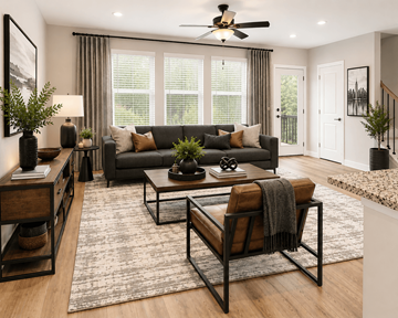 Mauldin townhouse for rent - A modern living room with a grey sofa, a coffee table, and a ceiling fan.