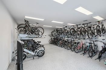 A bike shop with many bikes on display