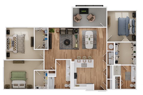 Floor plan for 3 beds, 2 baths, 1557 sqft