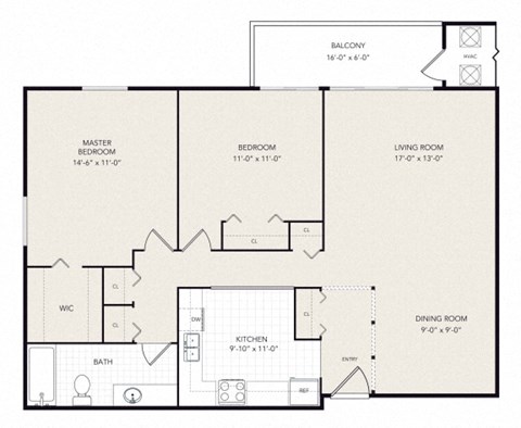 Floor plan for 2 beds, 1 bath, 965 sqft