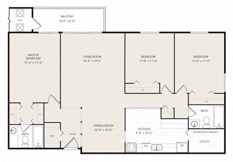 Floor plan for 3 beds, 2 baths, 1100 sqft