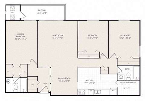 Floor plan for 3 beds, 2 baths, 1100 sqft