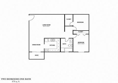 Floor plan for 2 beds, 1 bath, 978 sqft