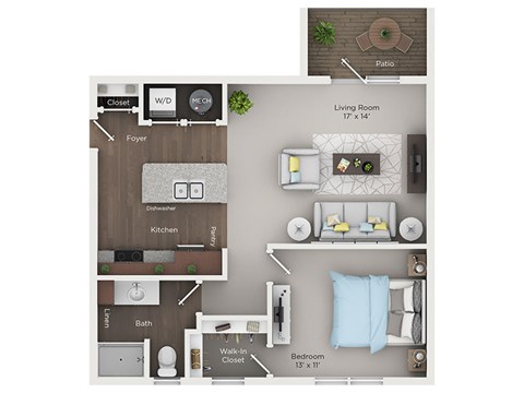 Floor plan for 1 bed, 1 bath, 727 sqft