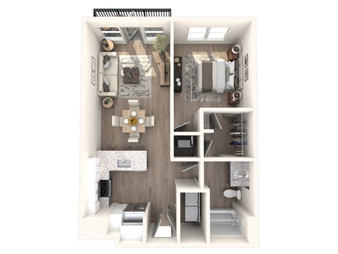 Floor plan for 1 bed, 1 bath, 685 sqft