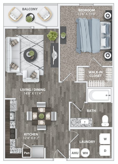 Floor plan for 1 bed, 1 bath, 756 sqft