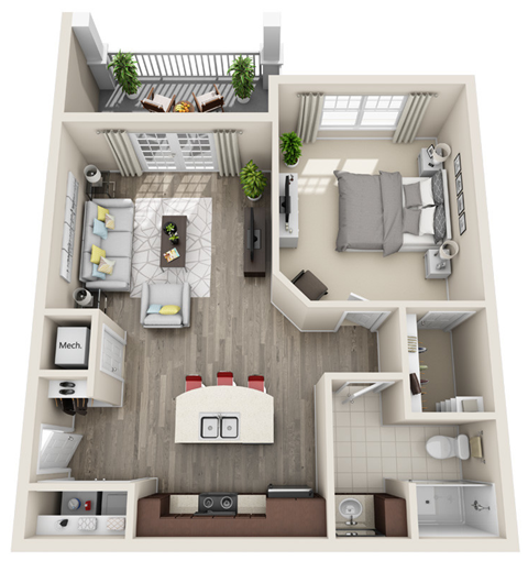 Floor plan for 1 bed, 1 bath, 744 sqft
