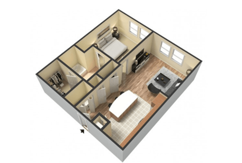 Floor plan for 1 bed, 1 bath, 722 sqft