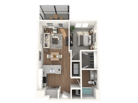 Floor plan for 1 bed, 1 bath, 689 sqft
