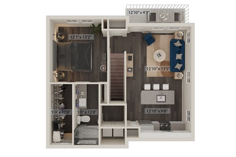 Floor plan for 1 bed, 1 bath, 857 sqft